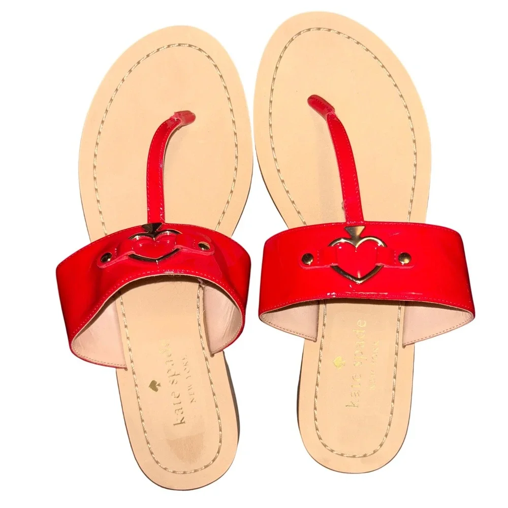 KATE Spade Red Patent Leather Thong Sandals Womens 8.5 Flat Slides NWOT